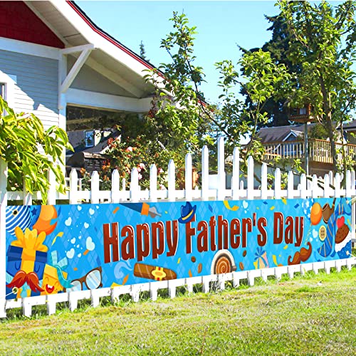 Father's Day Yard Sign Banner, Large Happy Father’s Day Banner for Father’s Day Decoration, Blue Father's Day Backdrop for Daddy Birthday Decor, Father’s Day Background Banner Outside Garden