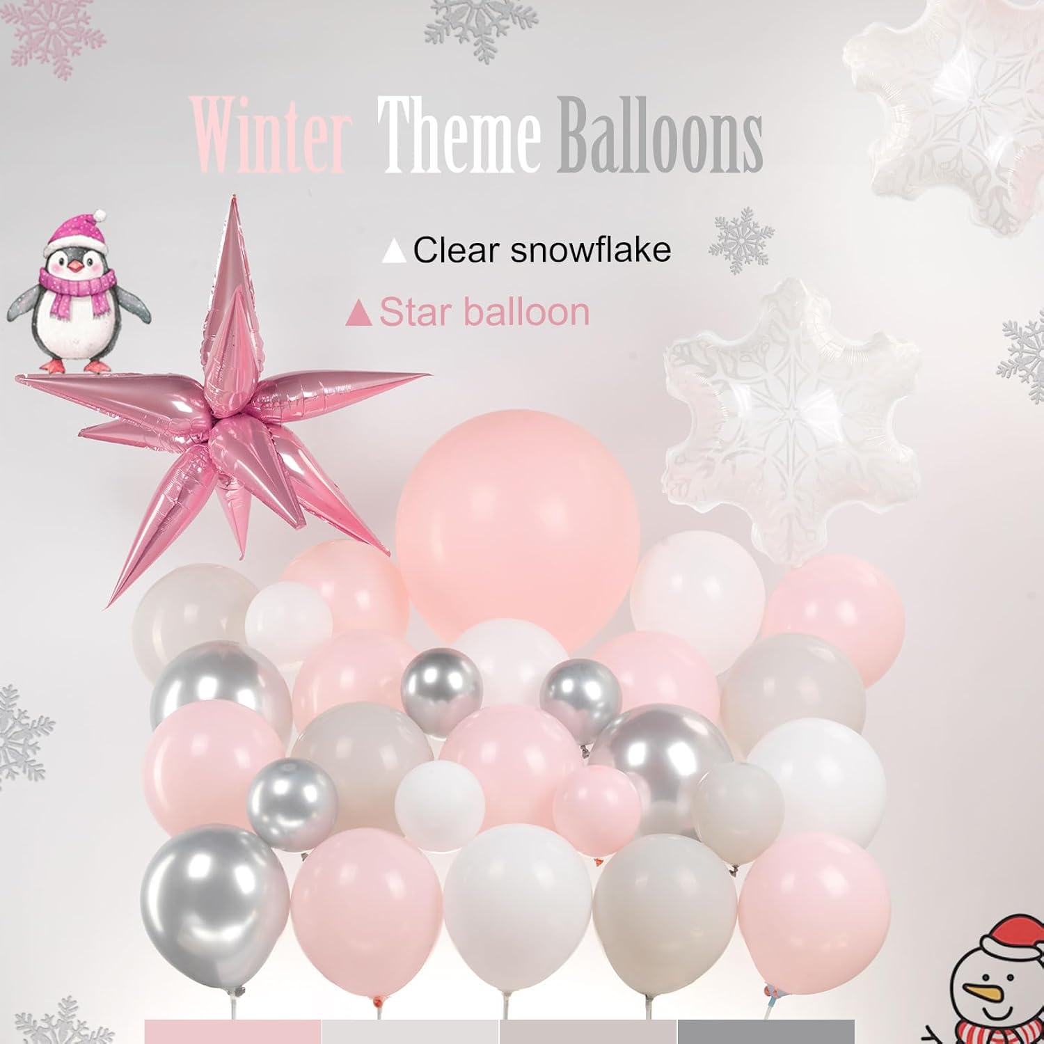 Pastel Pink Winter Balloon Garland Arch Kit 125 Pcs With Light Gray White Silve Snowflakes And Mylar Star Balloons For Winter Birthday Baby Shower 2025 New Year Christmas Anniversary Party Decorations