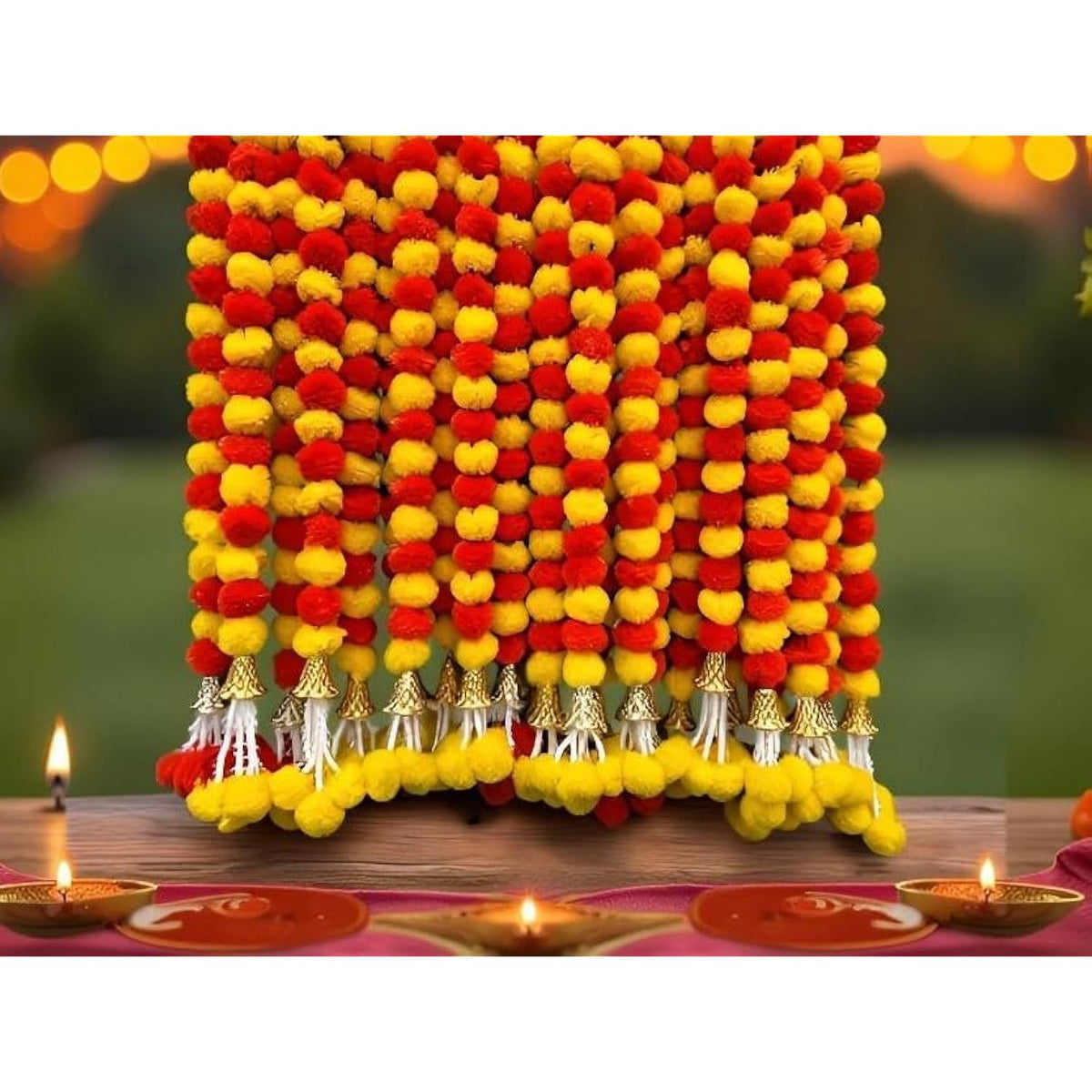 5 Pc 5 Feet Long Marigold Garland For Decoration Long Strands Artificial Marigold Flowers | Indian Décor For Pooja | Wedding | Christmas | Diwali Decor (Yellow & Orange)