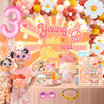 Young Wild And Three Decorations Girl, Three Groovy Birthday Party Decorations,Balloons, Backdrop Cake Topper, Sunglasses For Hippie Groovy 3Rd Birthday Party Decorations