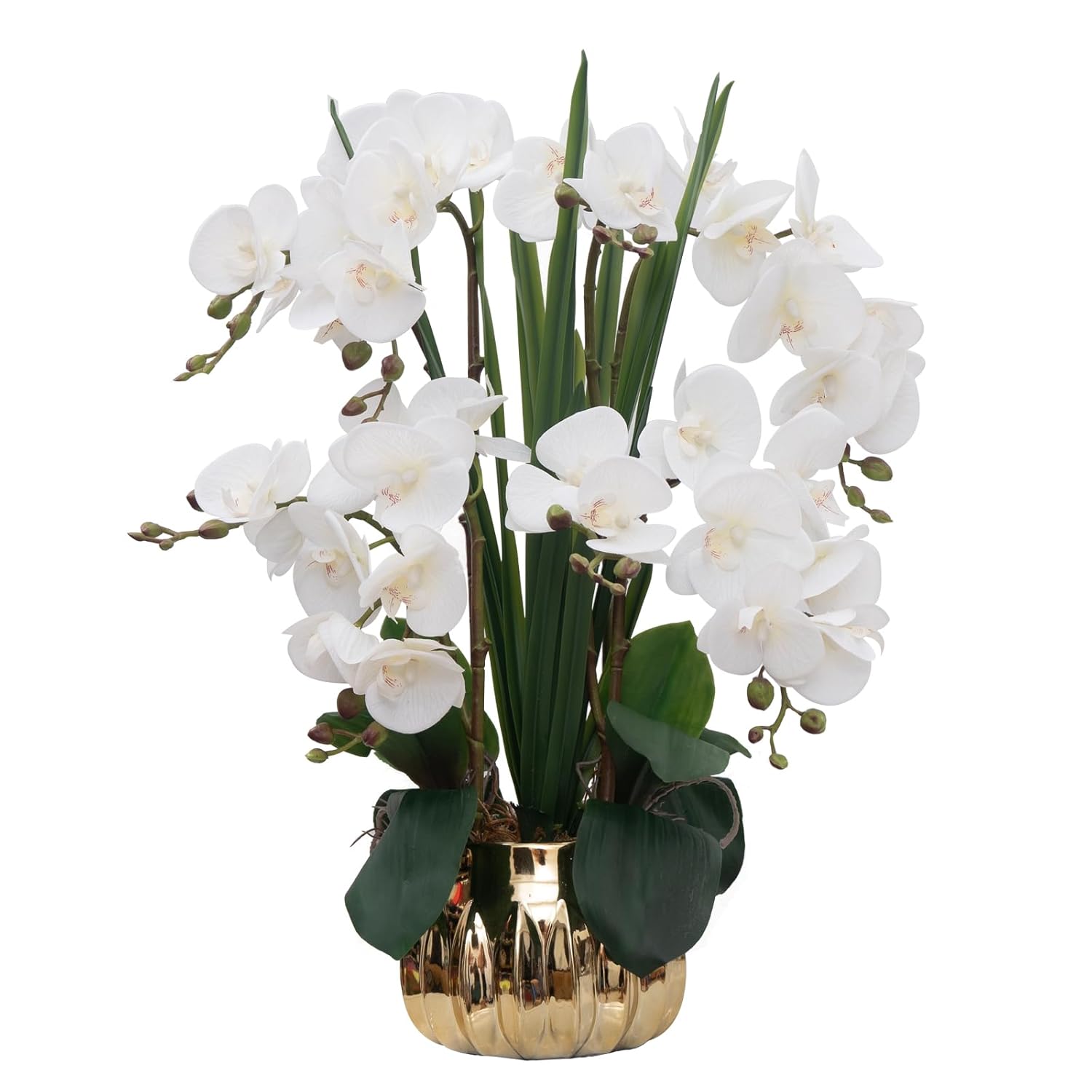 Artificial Orchid Flower Real Touch Faux Orchids In Ceramic Vase Large 22.9'' Fake Flowers White Phalaenopsis Floral For Home Indoor Decor