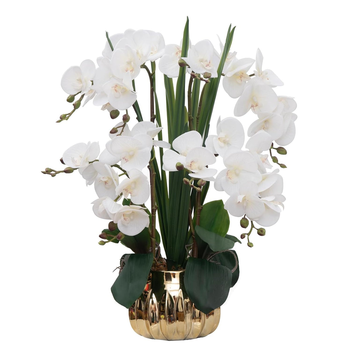 Artificial Orchid Flower Real Touch Faux Orchids In Ceramic Vase Large 22.9'' Fake Flowers White Phalaenopsis Floral For Home Indoor Decor