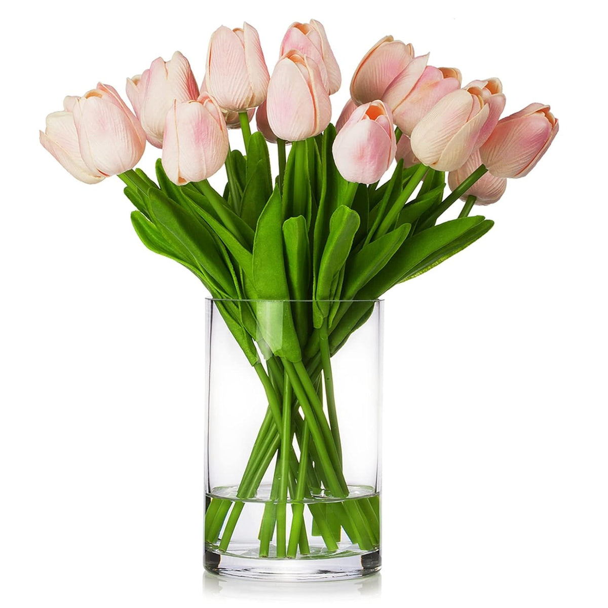 20 Pieces Pink Tulips Artificial Flowers Real Touch In Vase, Fake Tulips Arrangements With Vase And Faux Water For Home Decoration, Dining Table, Wedding Centerpieces (Pink)