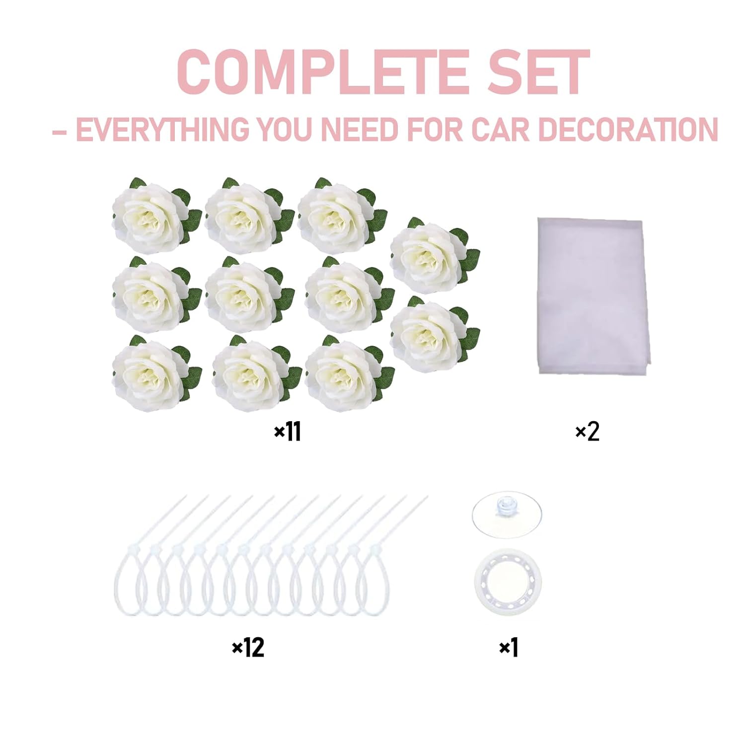 Wedding Car Decorations Kit - Floral Garland, Luxury Bridal Car Decor, Elegant Artificial Flower Bouquet, Wedding Ribbon Bows, Bride Car Accessories For Party Events