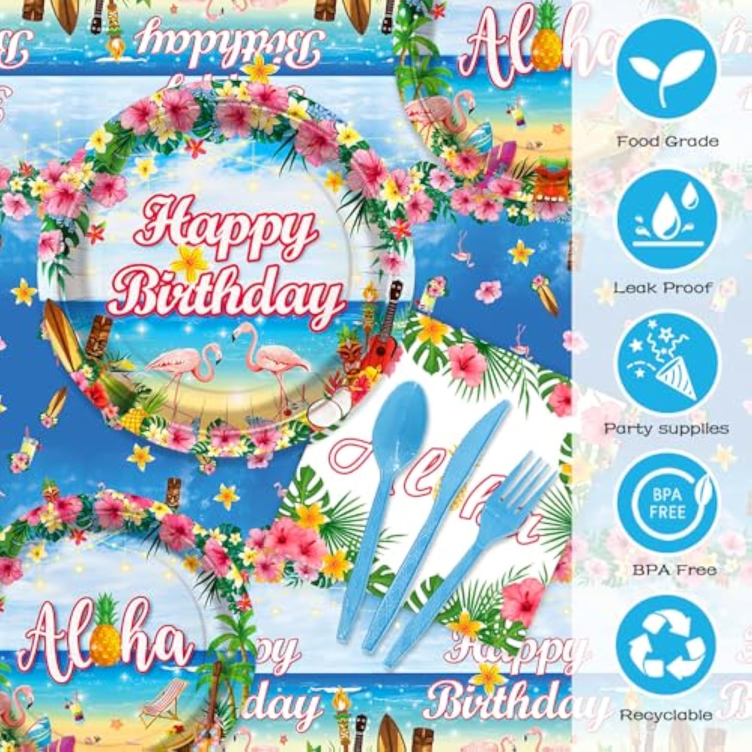 194Pcs Hawaiian Aloha Decorations For Happy Birthday Party Plates, Cup, Napkin, Tablecloth, Tableware, Summer Beach Holiday Party Birthday Party Supplies Plates Serve 24 Guests