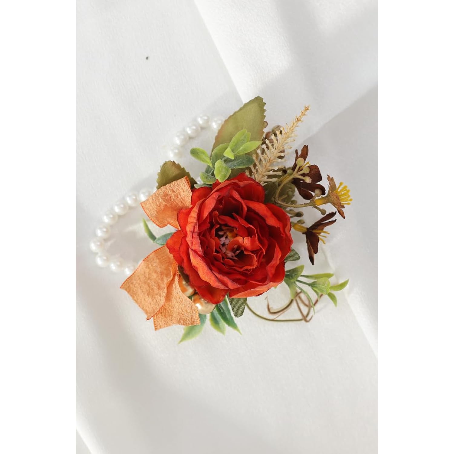 Burnt Orange Silk Flower Wrist Corsages, Set Of 6, For Weddings, Bridal Showers, Parties
