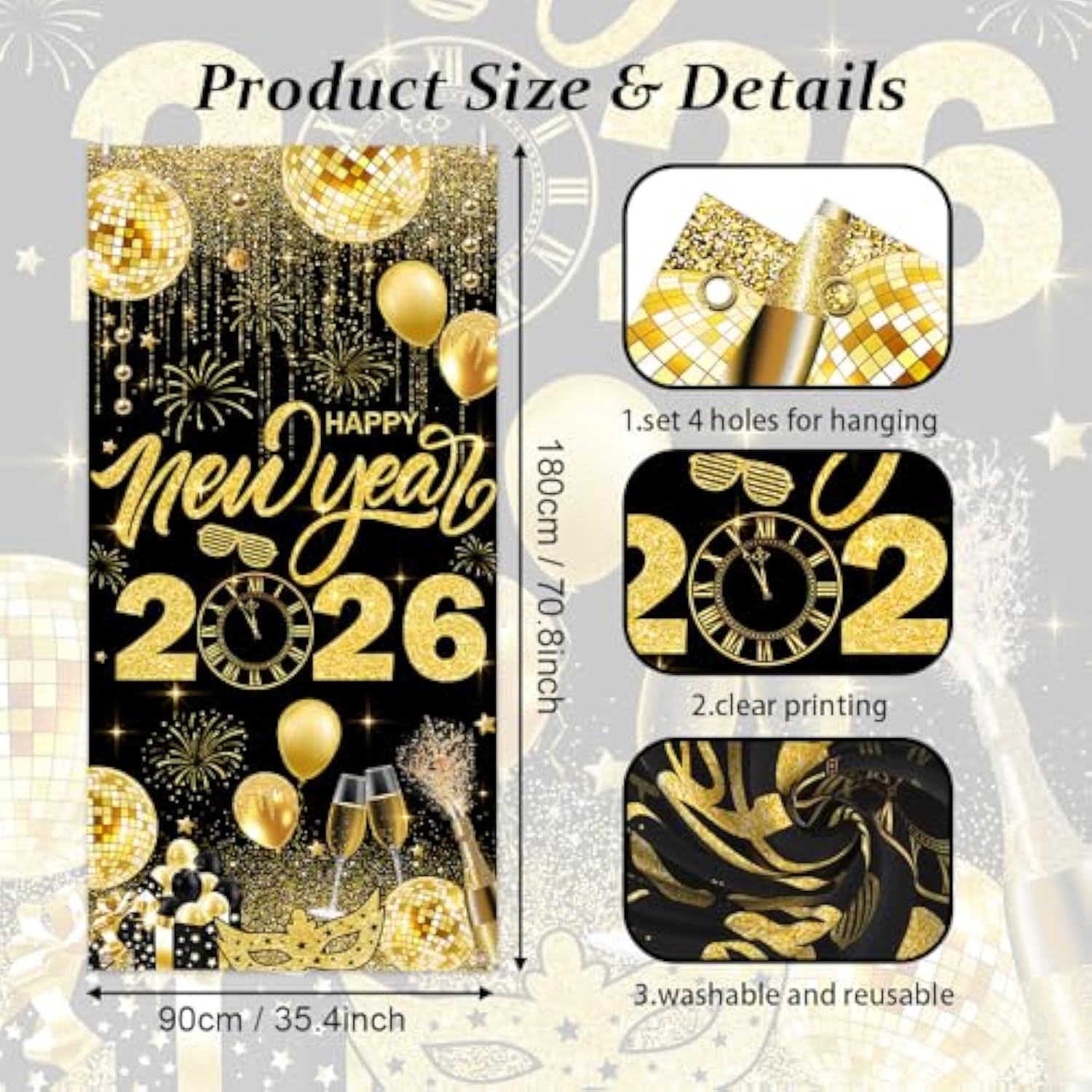 2026 Happy New Year Black & Gold Banner 35.4x70.8 Inch Party Backdrop