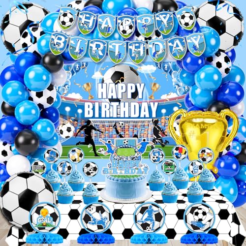 Soccer Birthday Party Decorations, 135PCS Blue Soccer Party Decorations Supplies with Latex Balloons Happy Birthday Banner Tablecloth Backdrop Honeycomb Sport Decorations Kit for Boys Men World Cup