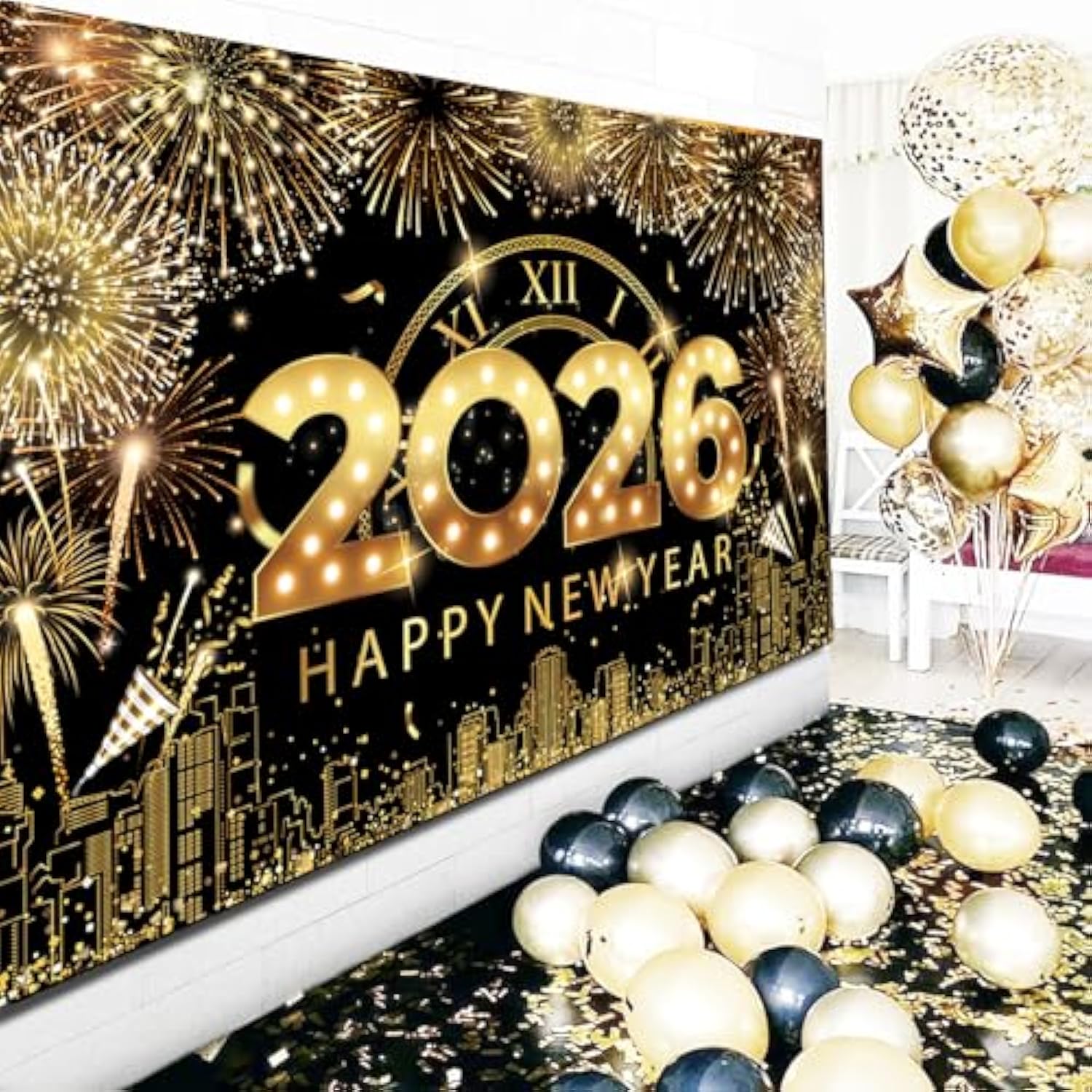 2026 Happy New Year Fabric Backdrop Banner for Party Photo Decor