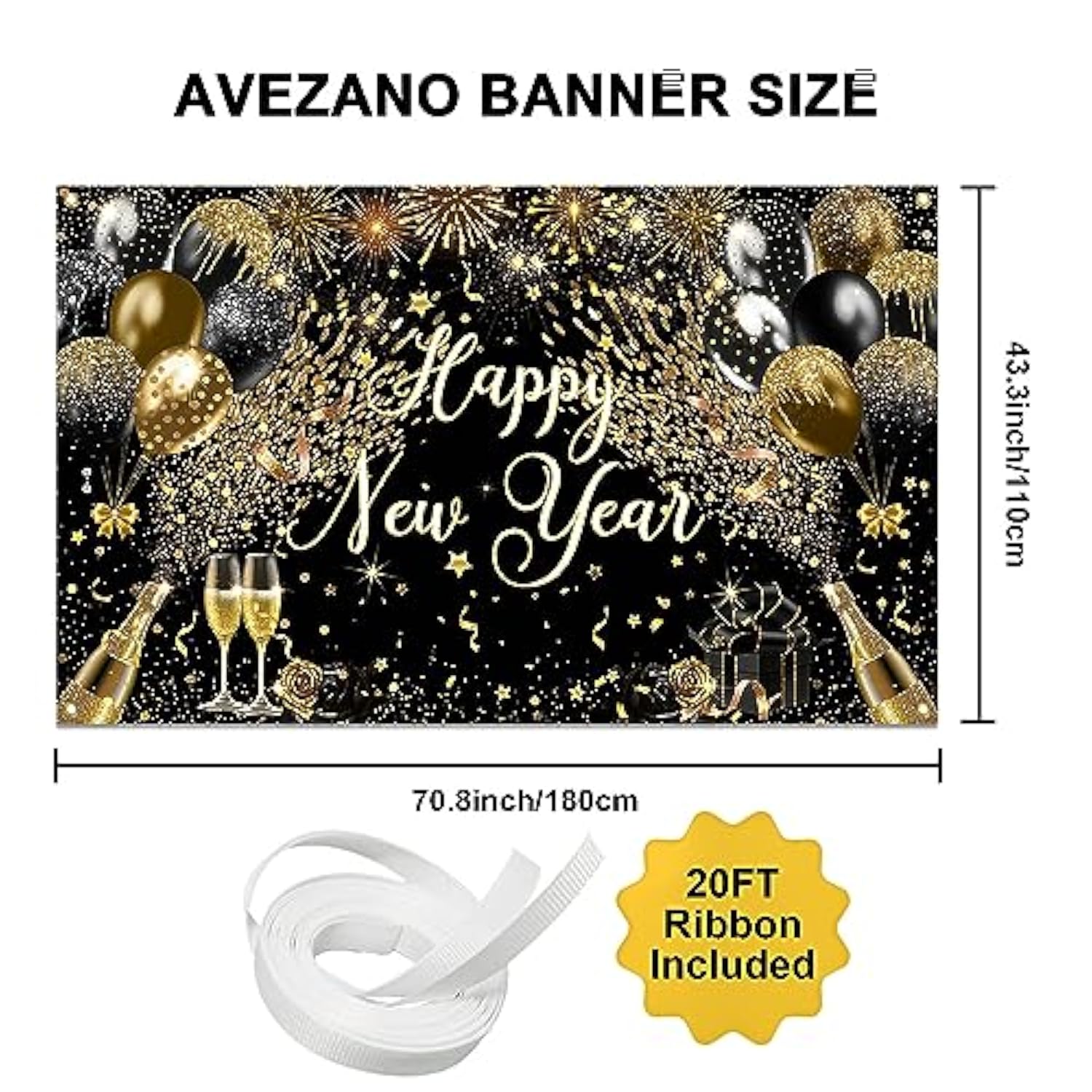 New Year 2026 Black Gold Party Banner with Fireworks Photo Props 6x3.6 Ft