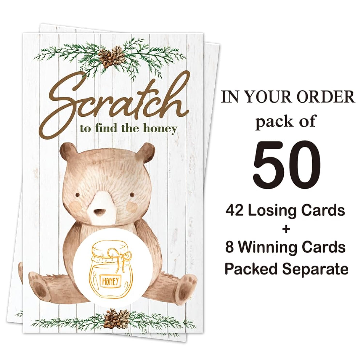 50 Pack Bear Theme Scratch Off Game, Retro Pinecone Bear Honey Scratch Card For Baby Shower Birthday Party Lottery Game Group Games Family Activity, Baby Shower Activity And Idea