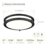 ASD LED 12" Round Flush Mount Lighting, Close to Ceiling Light Fixture | 3CCT, Dimmable, Energy Star, ETL Listed | 20W 1550LM 3000-5000K 120V | Low Profile Double Ring Lamp | Black, 4 Pack