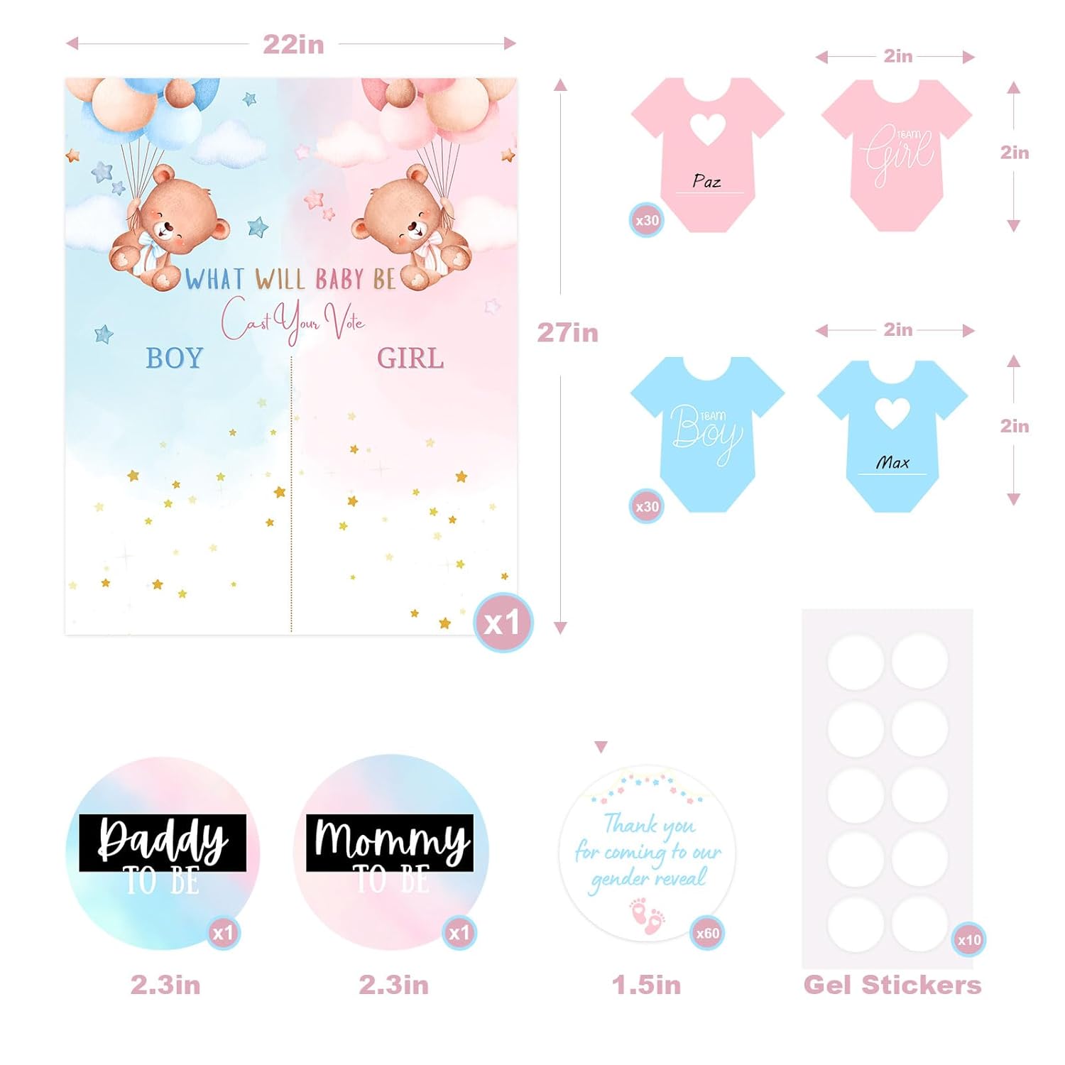 193 Pieces Gender Reveal Decorations - Cast Your Vote Sign Mommy To Be Daddy To Be Button Pins Team Boy Team Girl Stickers Baby Shower Thank You Stickers Party Supplies Games