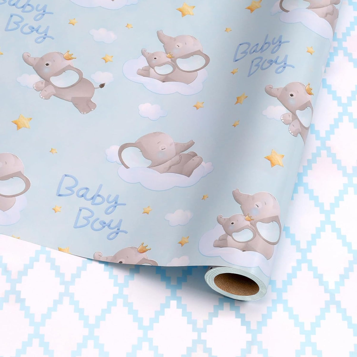 Reversible Baby Boy Wrapping Paper, 17 Inch X 33 Feet, Blue Elephant & Blue Quilted Diamond Design For Baby Shower, Birthday, Party, Holiday