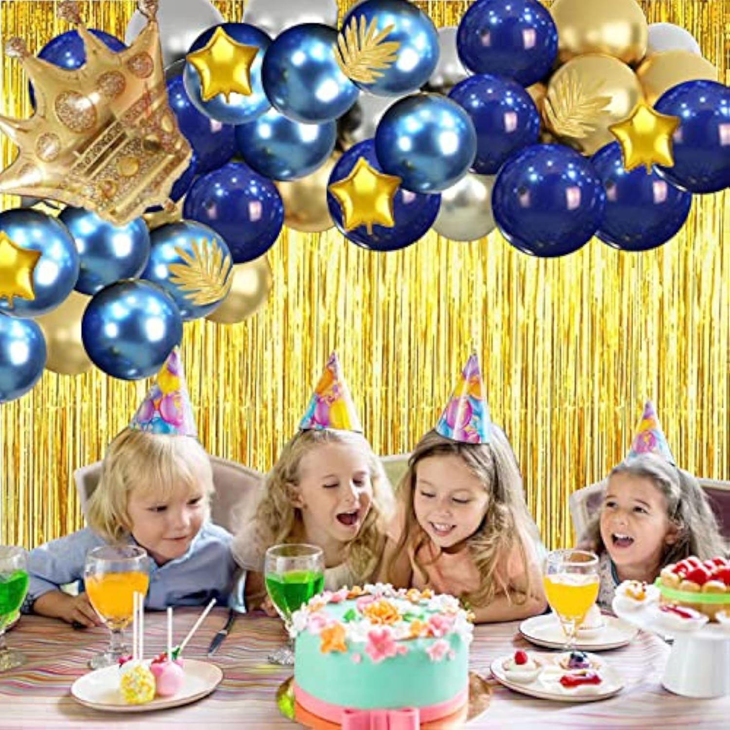 Gold & Silver Blue Birthday Party Decoration Set - Happy Birthday Banner, Balloons, Metallic Fringe Curtain, Golden Crown - Perfect For Girls, Boys, Men Or Women
