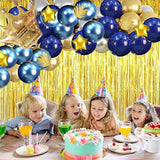 Gold & Silver Blue Birthday Party Decoration Set - Happy Birthday Banner, Balloons, Metallic Fringe Curtain, Golden Crown - Perfect For Girls, Boys, Men Or Women