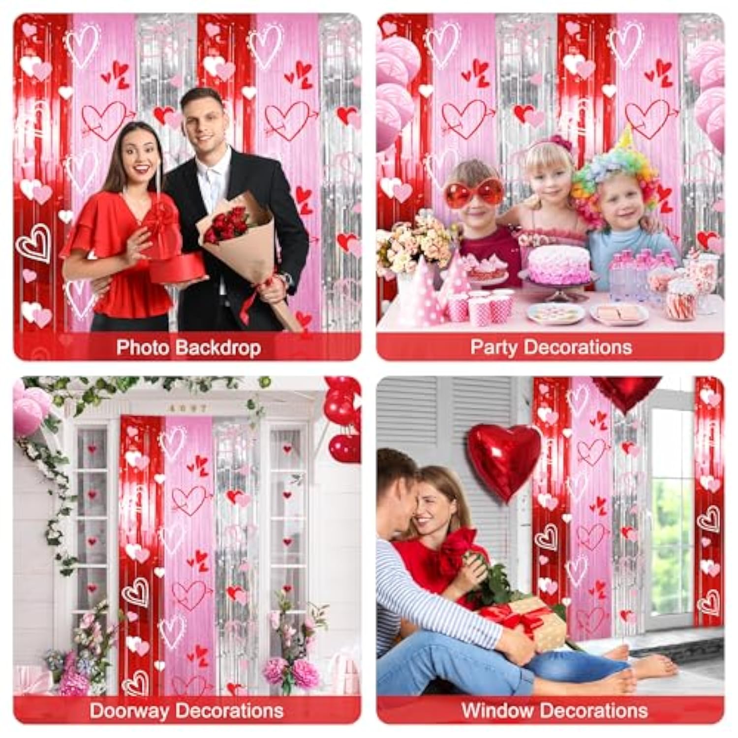 Foil Fringe Curtains Backdrop Valentines Party Decorations, 2 Pack 3.3 X 6.6 Ft Red Pink Silver Tinsel Valentines Day Backdrop, Valentine Photo Backdrops Galentines Day Decor Wedding Party Decor