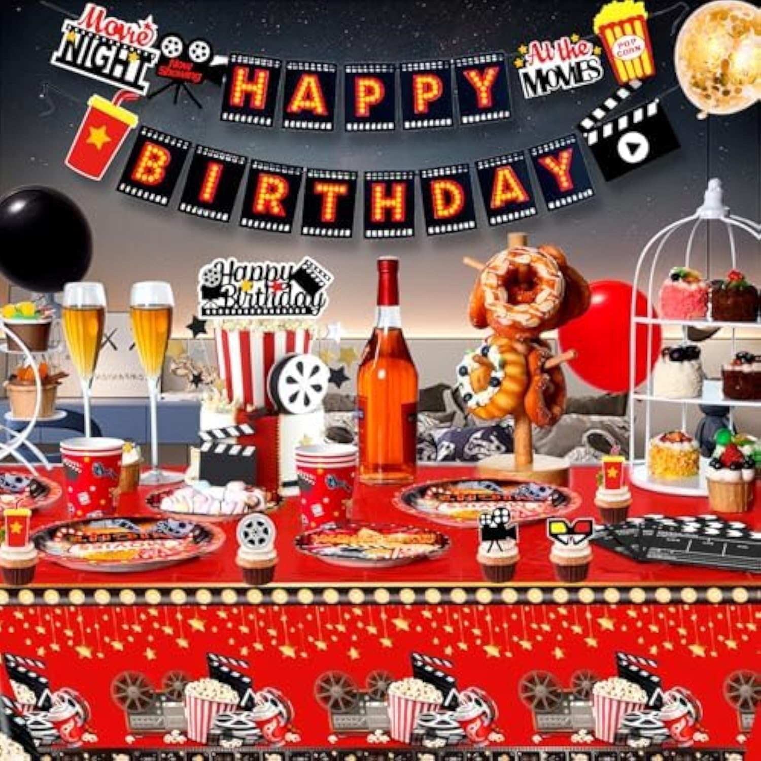 Movie Night Birthday Party Decorations,116Pcs Movie Night Party Decorations And Tableware - Movie Night Plates Tablecloth Napkins&Movie Night Party Balloons Banner Backdrop Etc Movie Night Decorations