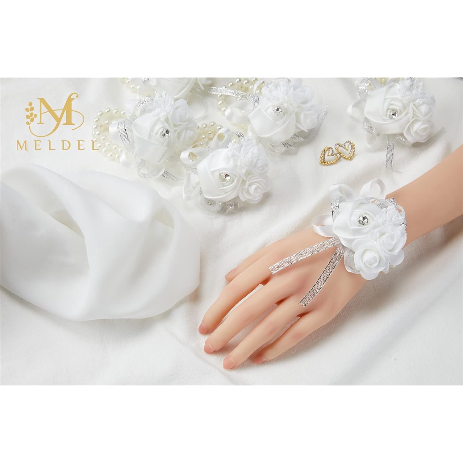 White Wrist Corsages For Prom, Set Of 6, Rose Wedding Wrist Corsage For Bridal Bridesmaid Girl Women, Fake Wrist Flower For Mother Of Bride, Artificial Hand Flower For Homecoming Anniversary