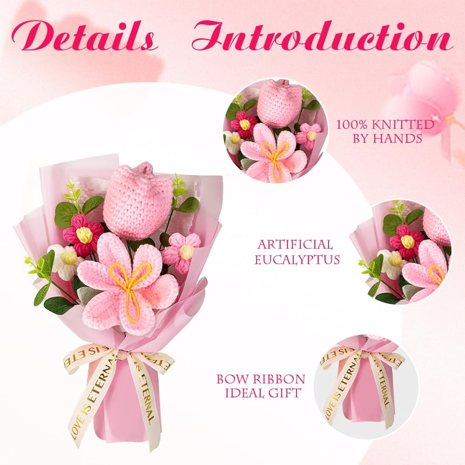 Crochet Flower Bouquet: Completed Crochet Tulip Flowers For Graduation Gifts Birthday Home Decor (Pink)