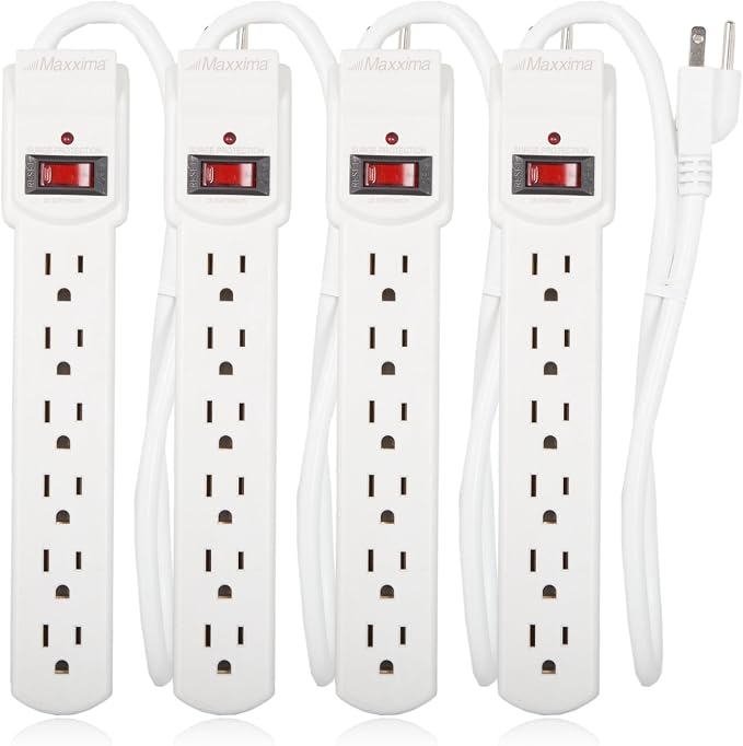 6 Outlet Surge Protector Power Strip 4 Pack 300 Joules with On Off Switch for Home Office