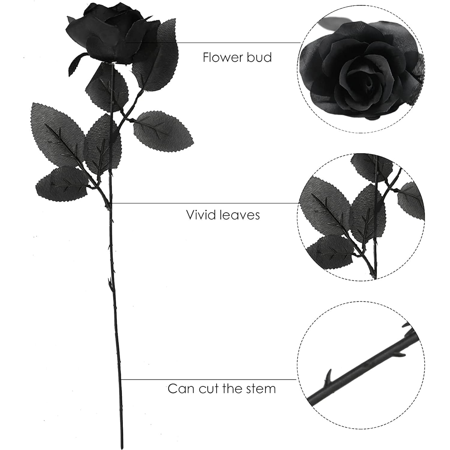 10Pcs Black Roses Artificial Flowers With Stems, Faux Silk Flowers Bridal Gothic Wedding Bouquet, Realistic Blossom Flora For Home, Office, Hotel Decorations