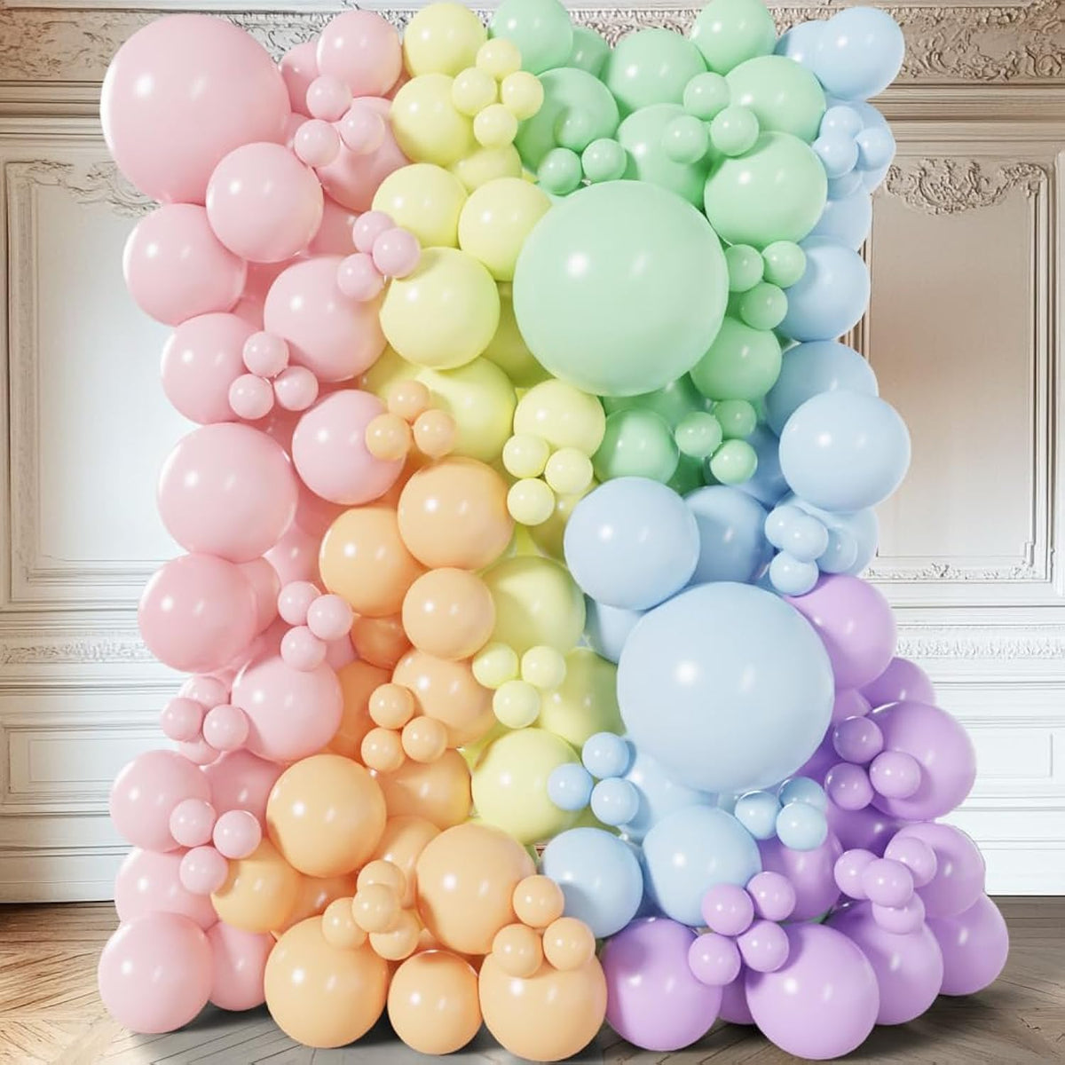 156Pcs Pastel Balloon Garland Arch Kit, Macaron Balloons In Pink, Orange, Yellow, Green, Blue, Purple, White For Baby Shower, Birthday, Rainbow Party Decorations And Unicorn Themes