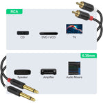 Dual 1/4 Inch Ts To Dual Rca Stereo Audio Interconnect Cable, Gold Plated Audiowave Series 2 X 6.35 Mm Male Ts To 2 Rca Male Pvc Shelled Adapter Cable, 6 Feet