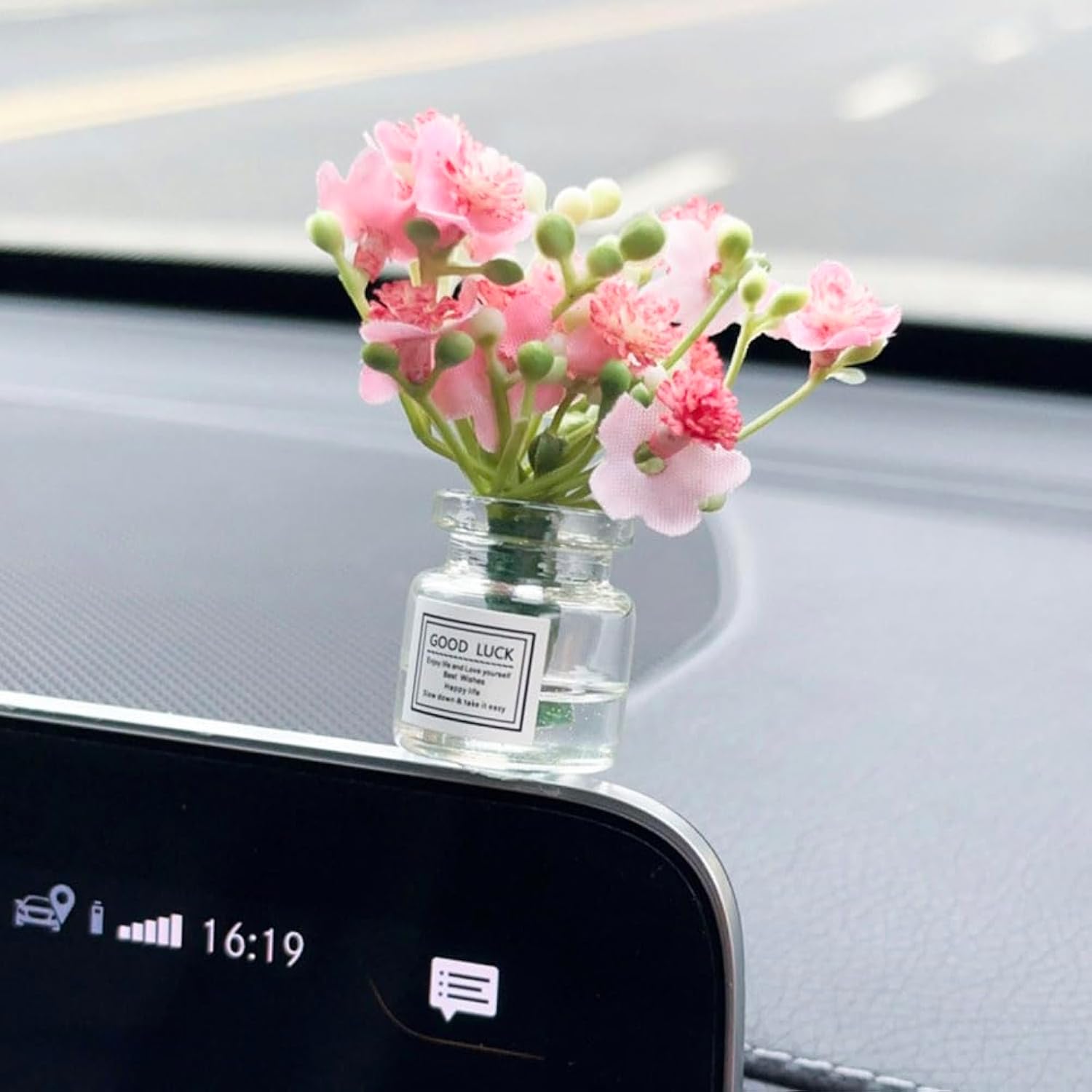 Set Of 4 Cute Mini Rose Flower Vase Car Dashboard Decorations Self-Adhesive Mini Vase With Artificial Flowers Ornaments Car Interior Accessories,Jasmine+Cherry Blossom+Rose+Lavender