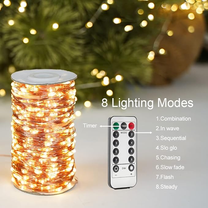 66FT 200 LED Plug In Fairy Lights Warm White Waterproof Copper Wire String Lights with Remote for Bedroom Christmas Tree Wedding Party Indoor Outdoor Decor