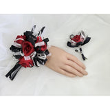 Ting & Cecilly Rose Wedding Corsage And Boutonniere Set, Floral Accessories For Wedding Flower Accessories Prom Suit Decorations (Black & Red)