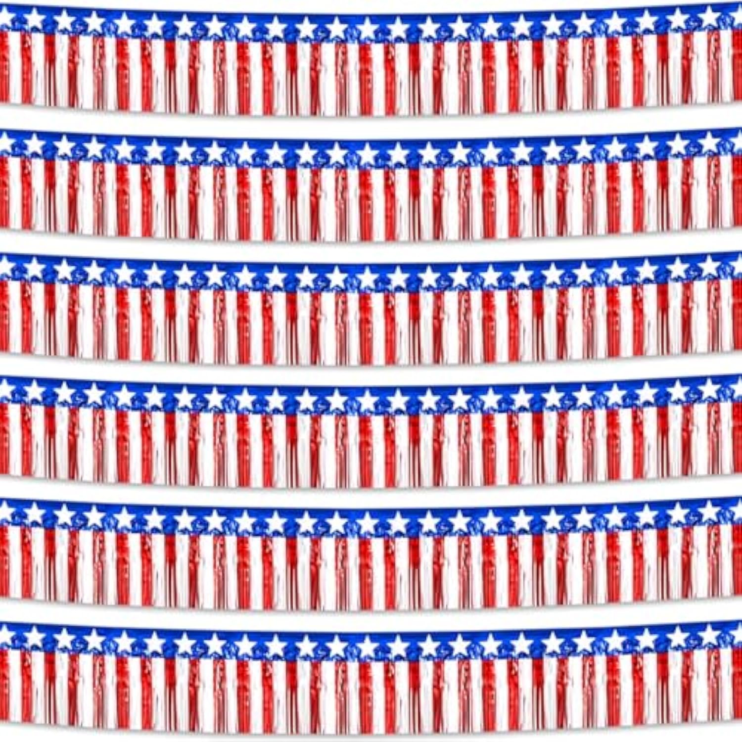 6 Pack 10 Feet Foil Fringe Garland Metallic Tinsel Streamers Banner Wall Hanging Backdrop Banner For Parade Floats, Thanksgiving, Christmas, Birthday, Halloween Party Decorations White Red Blue