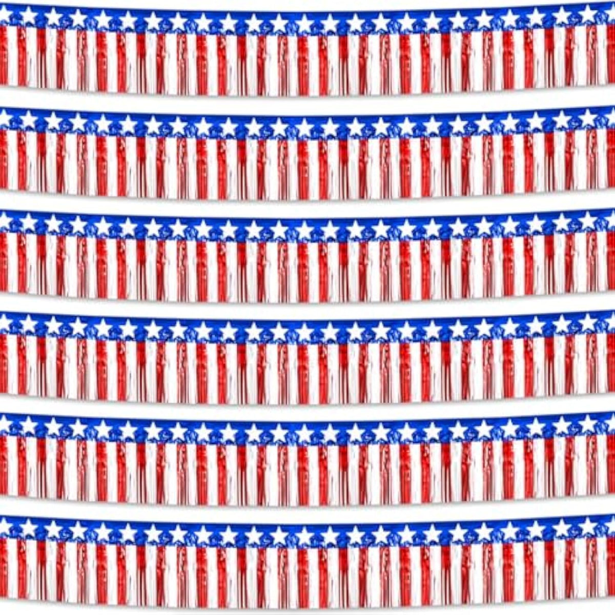6 Pack 10 Feet Foil Fringe Garland Metallic Tinsel Streamers Banner Wall Hanging Backdrop Banner For Parade Floats, Thanksgiving, Christmas, Birthday, Halloween Party Decorations White Red Blue