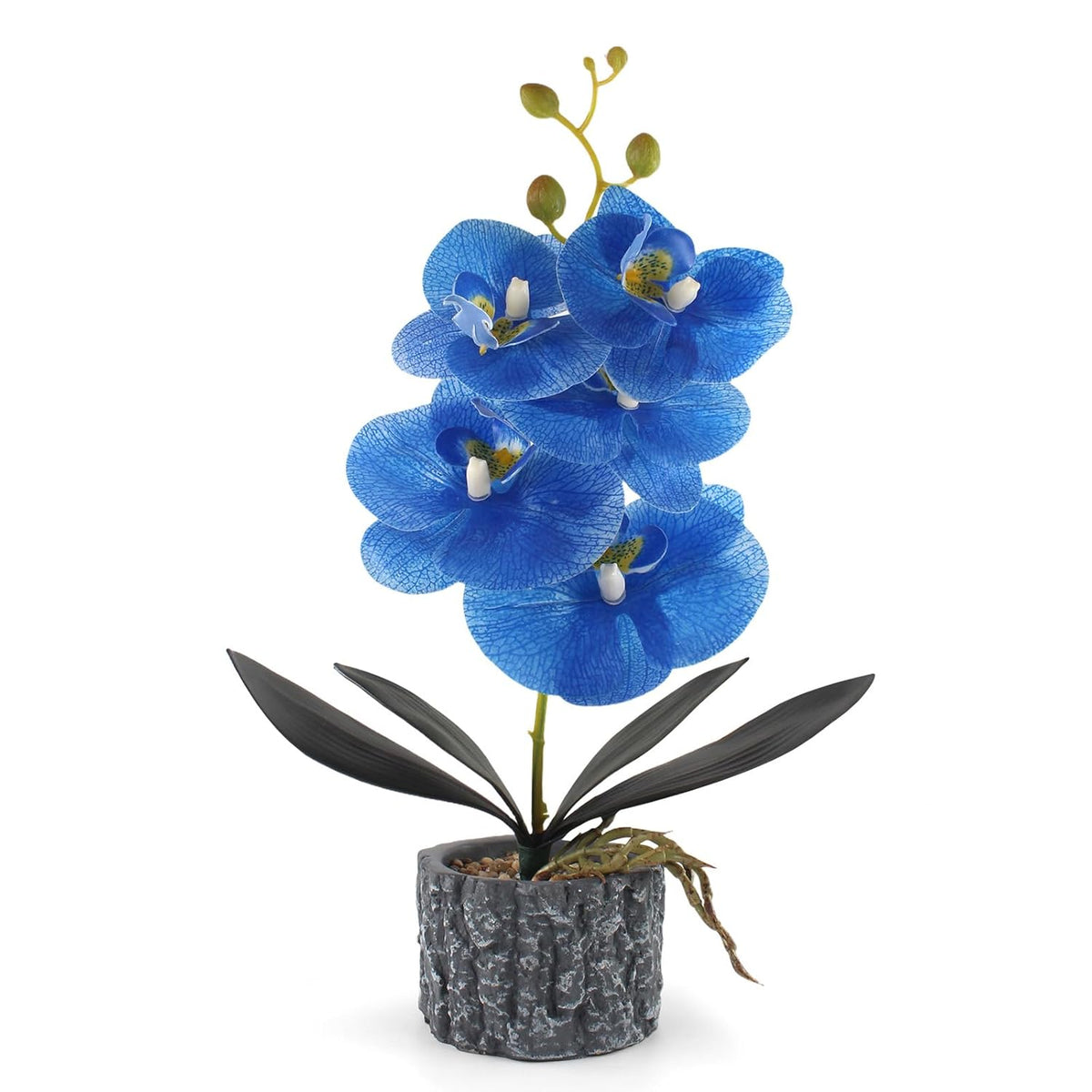 Artificial Orchid With Cement Vase Fake Phalaenopsis Flower Arrangement Faux Plants For Party Exhibition Center Home Decoration(Blue Tall 15")
