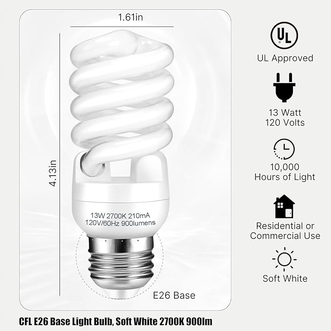 E26 CFL Light Bulbs T2 Spiral 13W 60W Equivalent 2700K Soft White 900 Lumens UL Approved 2 Pack