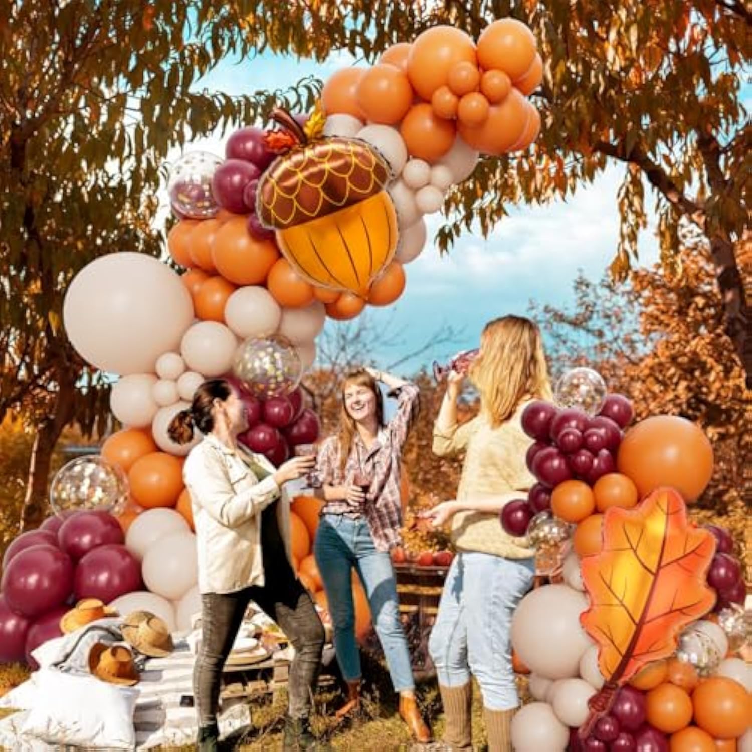Fall Thanksgiving Balloon Arch Kit with Burgundy Orange Nude Confetti Balloons