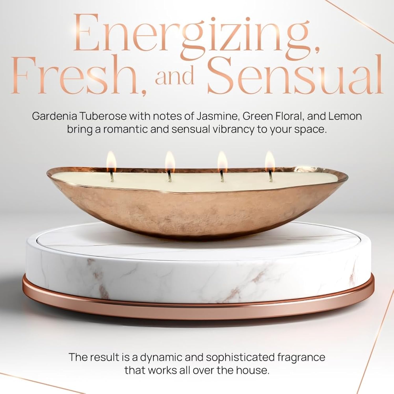 Dough Bowl Candle Co. Luxury Candle - Scented Luxury Candles For Home, 12X5X2 Inch Vessel For Women And Men, Fancy 4 Wick For All Occasions (Copper, Gardenia Tuberose)
