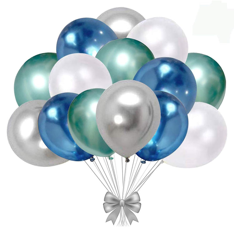 Blue And Silver Metallic Chrome Latex Balloons, 50Pcs 12 Inch Green Me