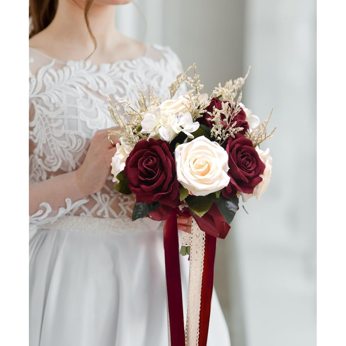 Bride Bouquets For Wedding Burgundy Artificial Flowers Roses Tossing Bouquet For Bridesmaid For Wedding Ceremony Anniversary