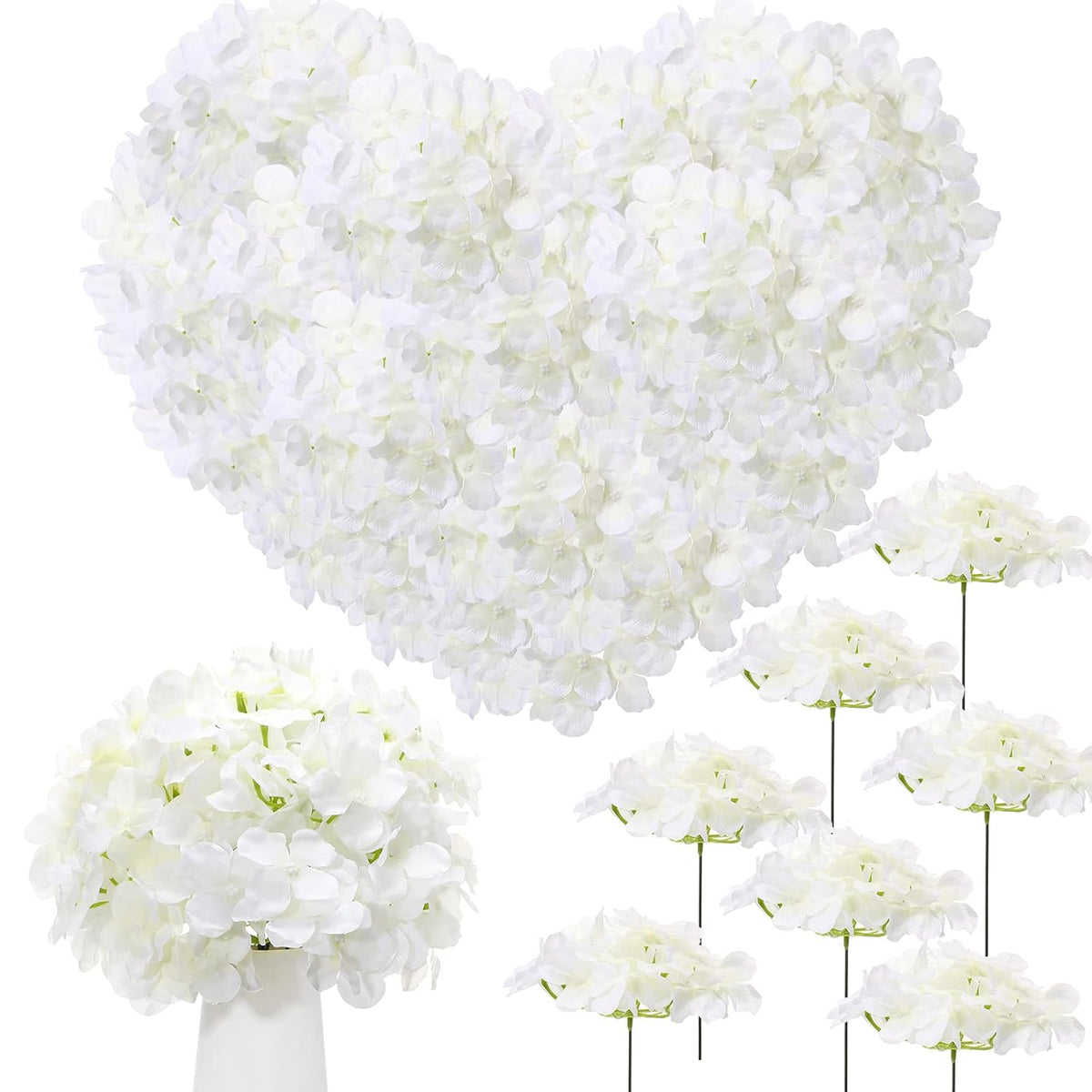 200 Pcs Hydrangea Artificial Flowers, Silk Flower Heads With Stems, Fake Hydrangea Bouquet For Wedding Arch Centerpiece Diy Floral Home Decoration (White)