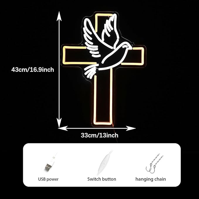 Cross Neon Sign Dimmable LED Easter Cross & Dove USB Wall Light for Home Wedding Decor