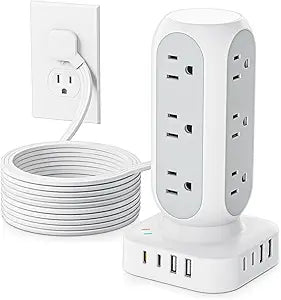 Tower Power Strip 12 Outlets 8 USB Ports 4 USB C 40W Fast Charging 10FT Flat Plug Extension Cord