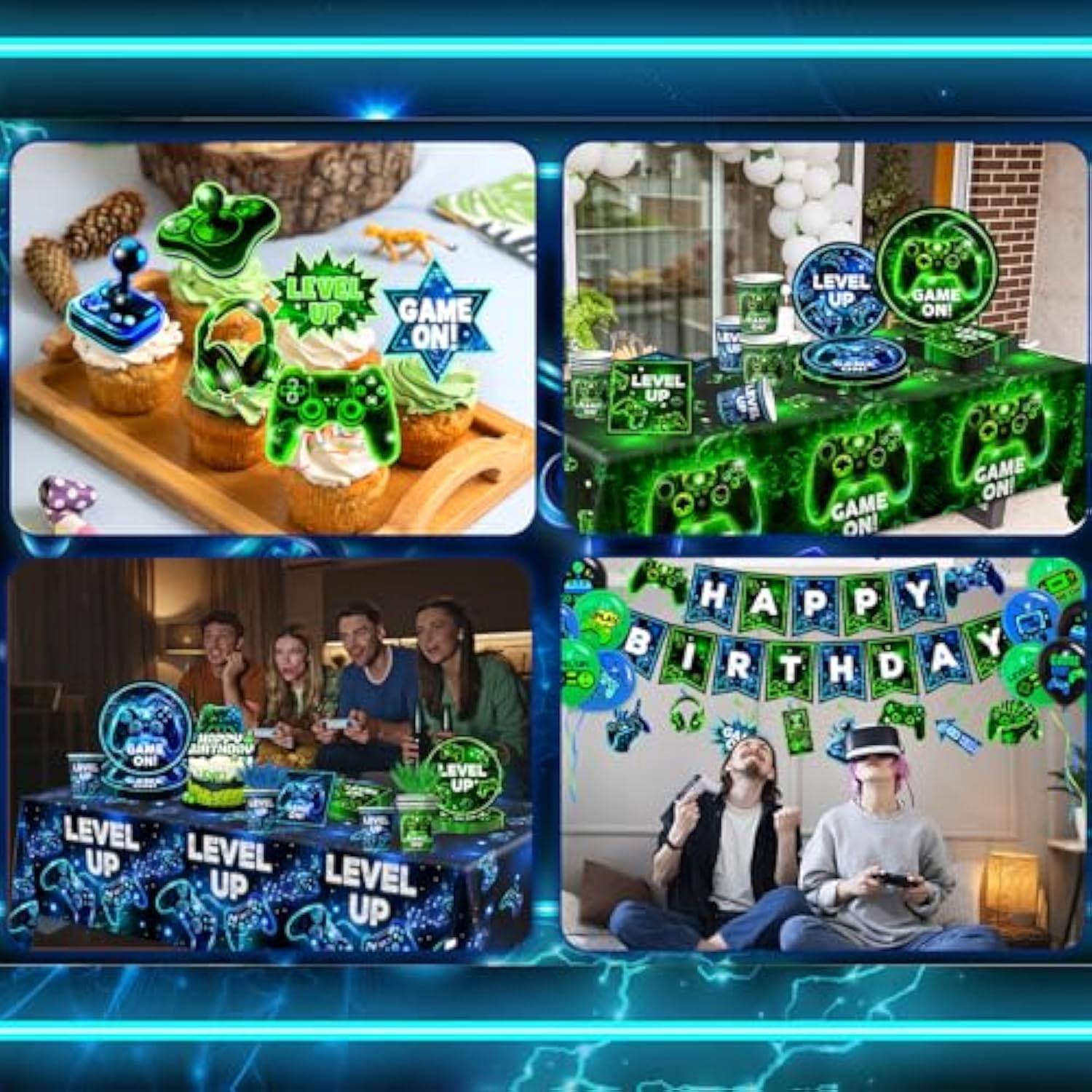 Video Game Birthday Party Decoration - Neon Game Party Tableware Include Plate Napkin Banner Tablecloth Game Level Up Theme Decorations For Boy Gamer Birthday Decor Serves 24