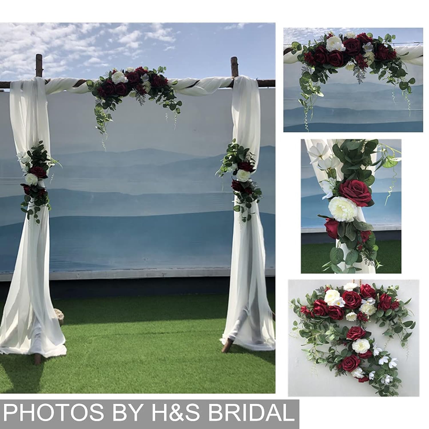 Wedding Arch Flowers,3Pcs Set White Rose Decorative Floral Swags, Artificial Greenery Eucalyptus Leaves Flower For Sheer Drapes, Wedding Chair, Arbor, Wedding Ceremony And Reception Arrangement