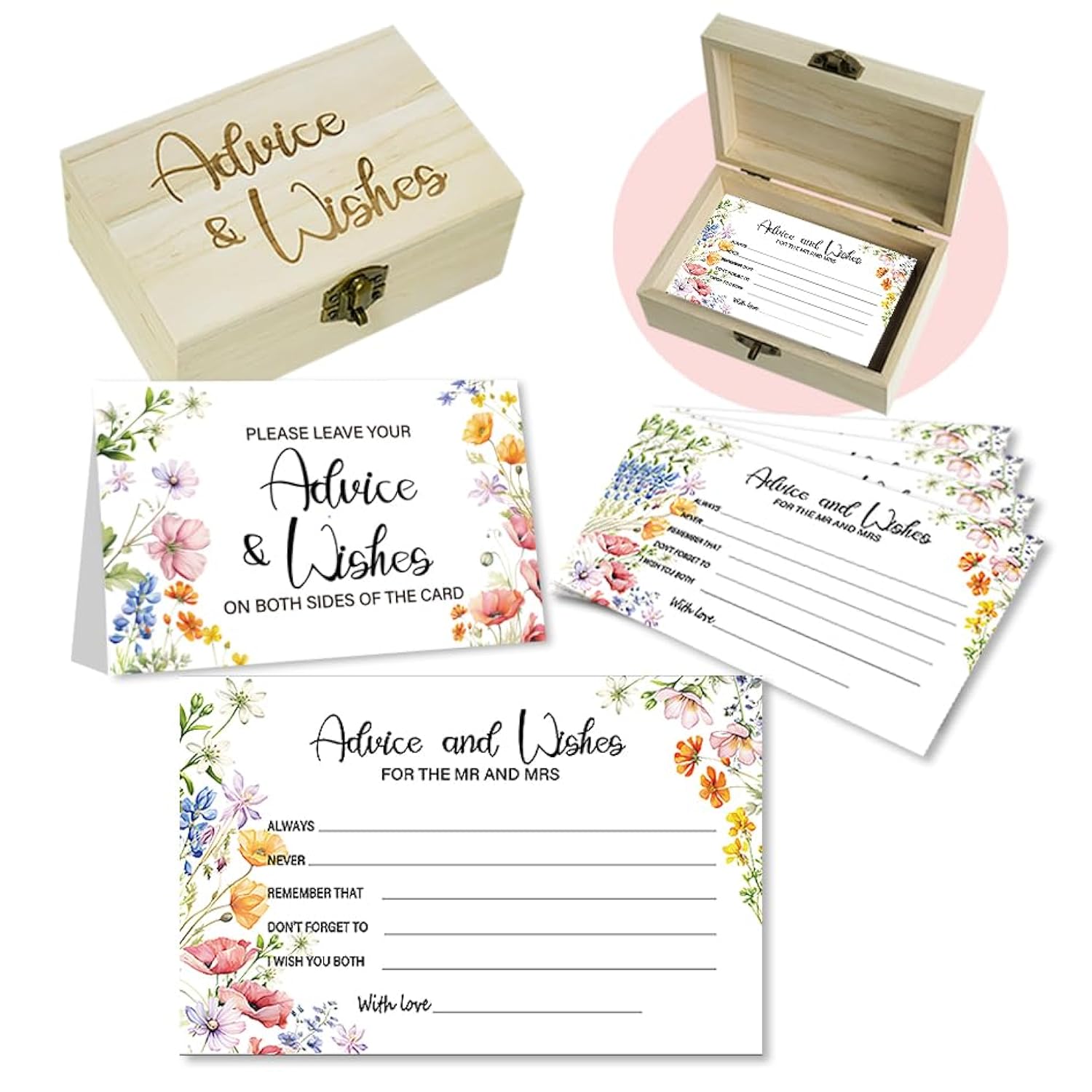 50Pcs Flower Wedding Advice Cards For Bridal Shower Games, Wildflower Advice And Wish Cards Box For The Mr And Mrs Bridal Shower Decorations