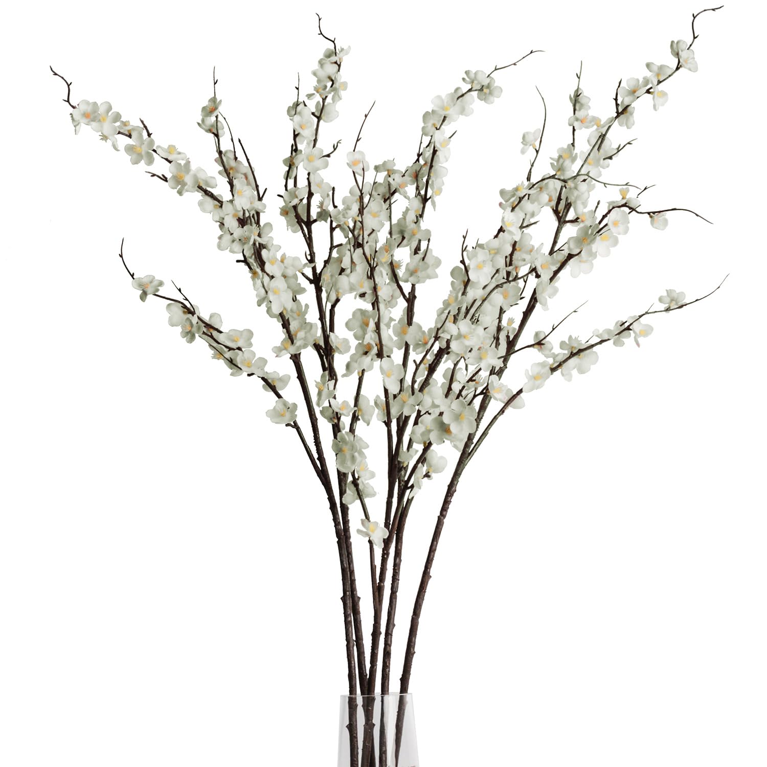 5Pcs Silk Cherry Blossom Branches 39'' Artificial Flowers Faux Cherry Blossom Stems For Vase Summer Spring Wedding Decor (5, White)