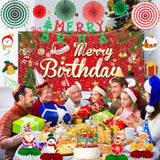 Christmas Birthday Decorations, Red And Green Merry Birthday Banner Paper Fans Hanging Swirls Centerpieces Cake Topper Kit, Christmas Xmas Bday Photo Backdrop Background Party Supplies