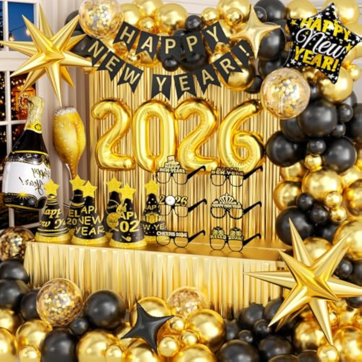 New Year 2026 Party Decorations Glasses Hats Balloons Banner Fringe Backdrop