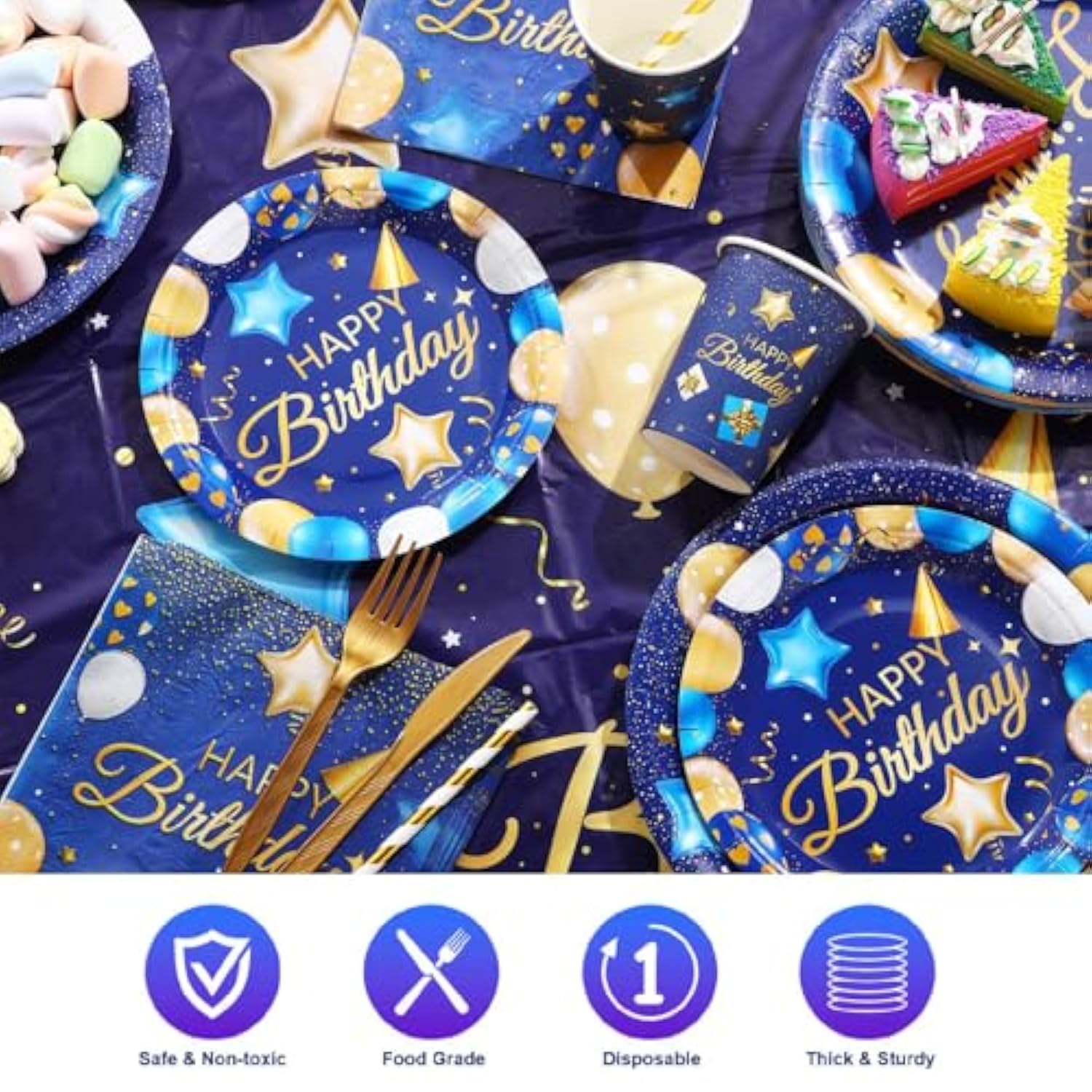 176 Pcs Navy Blue And Gold Birthday Tableware Set Birthday Decoration Includes Tablecloth Paper Plates Napkins Paper Cups Forks Knifes And Straws For 25 Guests Party Supplies (Fashion)