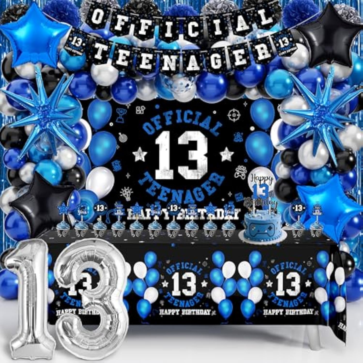 13Th Birthday Decorations For Boys, Official Teenager Happy 13Th Birthday Decor With Banner Backdrop Tablecloth & Number 13 Balloon Arch Kit For 13 Year Old Birthday Party Supplies(Black Blue)